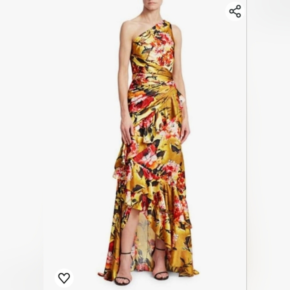 THEIA floral raffles sleeveless One shoulder bridal party gown yellow $795 - Picture 2 of 7